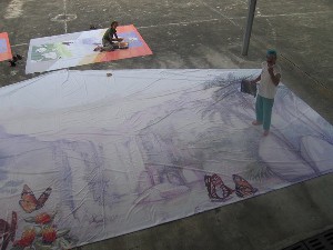 reprise en peinture de la bâche imprimée..